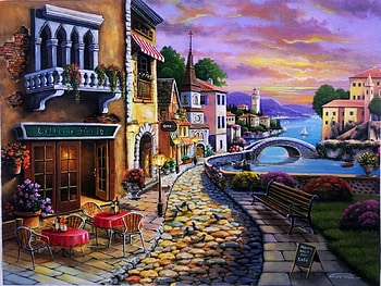 Galleria Dario, mediterranean, bridge, flowers, village, sunset, river, tables, chairs, artwork, restaurant, painting HD wallpaper