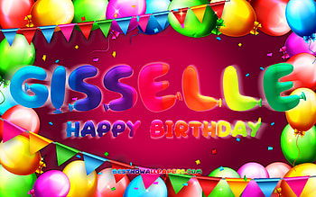 Happy Birtay Gisselle, , colorful balloon frame, Gisselle name, purple background, Gisselle Happy Birtay, Gisselle Birtay, popular mexican female names, Birtay concept, Gisselle HD wallpaper