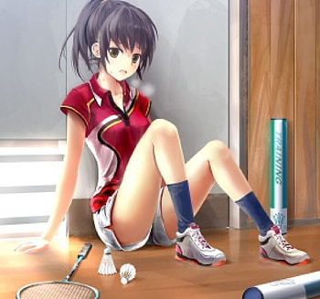 After the Match, badminton, sport, sit, long hair, shirt, beauty, nice, ponytail, sitting, cg, pant, jersey, , female, sweet, girl, beautiful, black hair, anime girl, racket, anime, pretty, lovely HD wallpaper