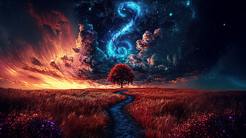 Red Tree In A Vast Red Field Under A Full Moon In A Dark, red, tree, field, moon, sky, artist, artwork, art, digital-art, ai HD wallpaper