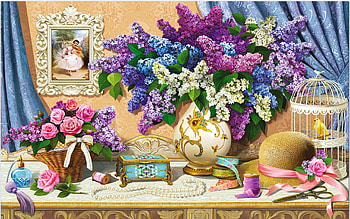 Lilacs, roses, hat, still life, bird, vase, flowers, cage HD wallpaper