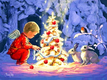 Little Christmas Angel, winter, artwork, christmas Tree, painting, lights, rabbits, snow, trees HD wallpaper