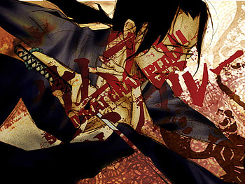 face paint, sword, letters, jin, japanese letters, red letters, anime, glasses, dark brown hair, samurai champloo HD wallpaper