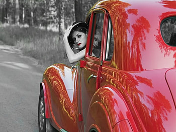travel, lady, hat, oldsmobile, red HD wallpaper