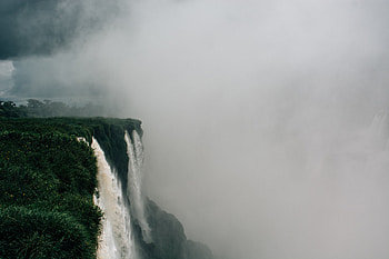 Nature, Grass, Waterfall, Fog, Break, Precipice, Greens HD wallpaper