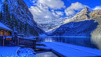 Lake Louise, Banff NP, Alberta, snow, ice, landscape, clouds, sky, mountains, canada HD wallpaper