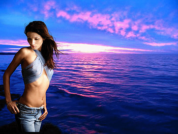 Blue Sunset, blue, sea, pink, denim, sexy lady HD wallpaper
