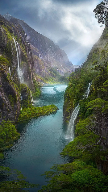 Paradise, cloud, sky, waterfalls, river HD phone wallpaper