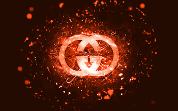 Gucci orange logo, , orange neon lights, creative, orange abstract background, Gucci logo, brands, Gucci HD wallpaper