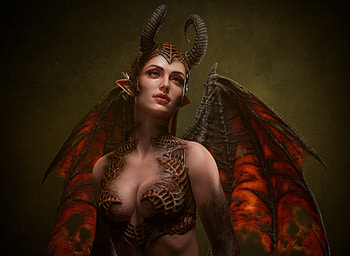 Beauty of the night, wings, horns, fantasy, elena art, red, girl, dark, demon HD wallpaper