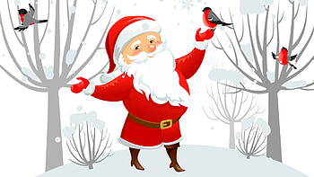 Sangta and His Birds, winter, Santa Claus, Feliz Navidad, birds, Saint Nick, Saint Nicholas, Father Christmas, Christmas, snow, trees HD wallpaper