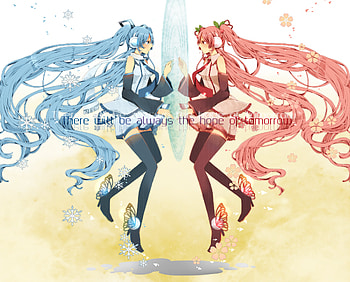 There will be always the hope of Tomorrow, awesome, uniform, nice, hatsune, aqua eyes, pink eyes, white, hatsune miku, yuki, twintail, girl, headset, singer, aqua, pink hair, anime girl, anime, pretty, virtual, blue, song, heads, yuki miku, cute, vocaloid, beauty, miku, music, vocaloids, sakura miku, thighhighs, duo, program, skirt, twins, beautiful, diva, tie, pink, aqua hair, red, sakura, cool, idol, micro HD wallpaper