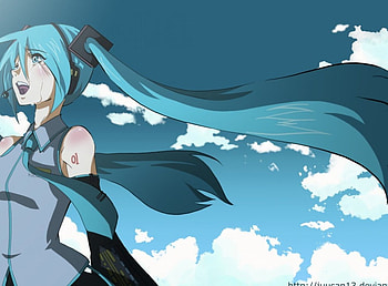 Hatsune Miku, blue eyes, long haie, tears, blue hair, anime girl, wind, singing, yelliing, anime, crying, clouds, sky, lovely HD wallpaper