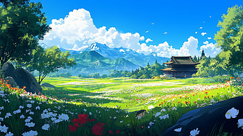 Sunlit Flower Fields of Japan — Summer Anime, anime landscape, field of flowers, Japan, summer HD wallpaper