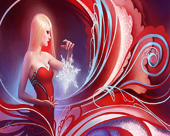 Making Snowflakes, blond, snowflake, red dress, woman HD wallpaper