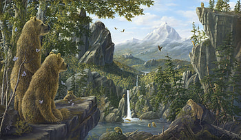 Peace in the realm, pictura, bear, art, urs, painting, robert bissell, waterfall HD wallpaper