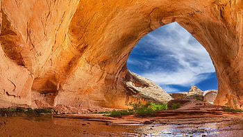 Coyote Gulch, Utah, sky, rocks, arch, river, clouds, usa HD wallpaper