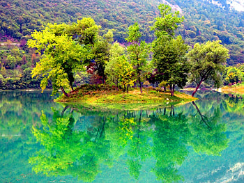 Small river island, island, river, colorful, crystal, place, peaceful, small, serenity, nice, shore, reflection, trees, greenery, calm, tranquility, beautiful, grass, lake, mountain, summer, mirrored, green, yellow, nature, waters, riverbank, clear, lovely HD wallpaper