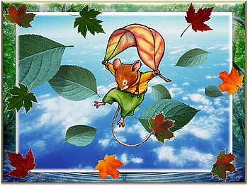 LEAVING!, leafy background, parachuting, autumn leaves, mouse HD wallpaper