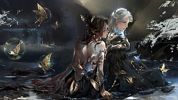 Fantasy couple, xiye, xi ye, art, butterfly, fantasy, couple, girl, dark, man HD wallpaper