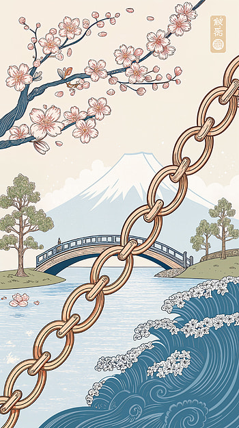 Serenity in Chains: A Tranquil , cherry blossom, mountain, river, bridge HD phone wallpaper