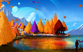 Autumn, fall, trees, lake, artwork HD wallpaper
