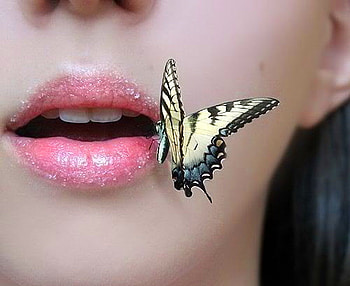 Butterfly kisses, pink, butterfly, lips, swallowtail, yello and black, woman HD wallpaper