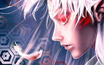 Red eye, feather, anime, pretty, bright colors, girl, beauty HD wallpaper