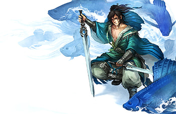 Blue Warrior, white background, black hair, long hair, weapons, dynasty warriors, lone, anime, swords, fish, male, warrior HD wallpaper