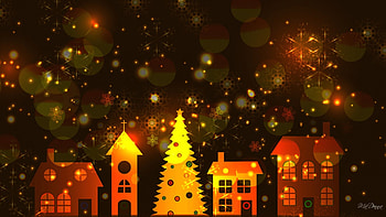Amber Winter Night, winter, amber, gold, houses, tree, snowflakes, brown, abstract, Christmas, bright, lights, shine HD wallpaper