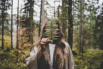 Woman holding a fern leaf in a vibrant autumn forest, capturing the beauty of nature. HD wallpaper