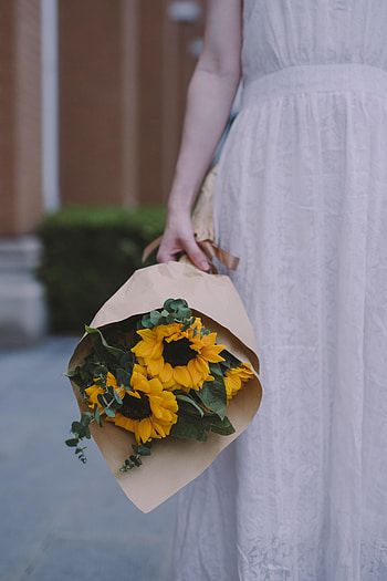 Flowers, Sunflowers, Bouquet, Girl, Eucalyptus HD phone wallpaper