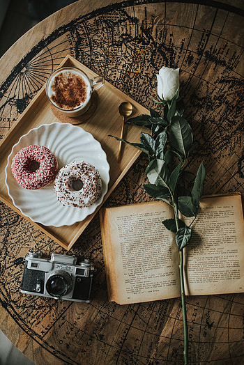 Coffee, Flower, Miscellanea, Miscellaneous, Cup, Book, Camera, Donuts HD phone wallpaper