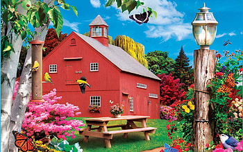 A Delightful Day, artwork, table, barn, digital, lamps, trees, flowers HD wallpaper