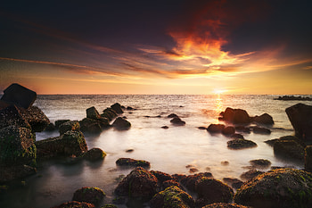 Nature, Water, Sunset, Stones, Horizon HD wallpaper