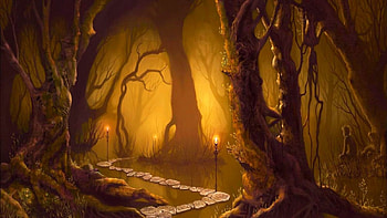 Waiting For Her, boy, man, path, lamps, waiting, forest HD wallpaper