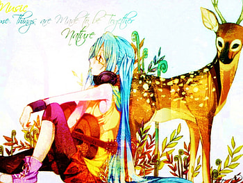 ~Music & Nature~, colorful, anime, hatsune miku, pretty, deer, nature, vocaloid HD wallpaper