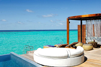 Blue Lagoon View from comfort of Luxury Water Villa - Paradise Island, island, blue, sand, tropical, decking, tahiti, beach, holiday, tub, water, islands, ocean, swimming, sea, bungalow, luxury, exotic, azure, paradise, hot, jacuzzi, aqua, villa, lagoon, atoll, pool, bora bora, polynesia HD wallpaper