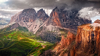 The Dolomites, South Tyrol, Italy, rocks, alps, clouds, landscape, trees, sky HD wallpaper