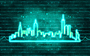 New York turquoise neon silhouette, , turquoise neon lights, New York skyline silhouette, turquoise brickwall, american cities, neon skyline silhouettes, USA, New York silhouette, New York, NYC HD wallpaper