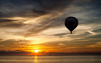 Sunset, sea, black, landscape, orange, summer, balloon, sky, water, ocean, cloud HD wallpaper