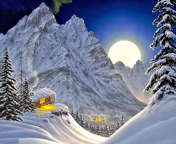 winter mountains, winter, moon, mountains, snow HD wallpaper