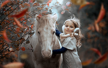 Little Girl and Horse, autumn, little girl, horse, friends HD wallpaper