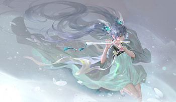 Flute singer, fantasy, art, green, luminos, singer, kyu9, flute, frumusete, girl, instrument HD wallpaper