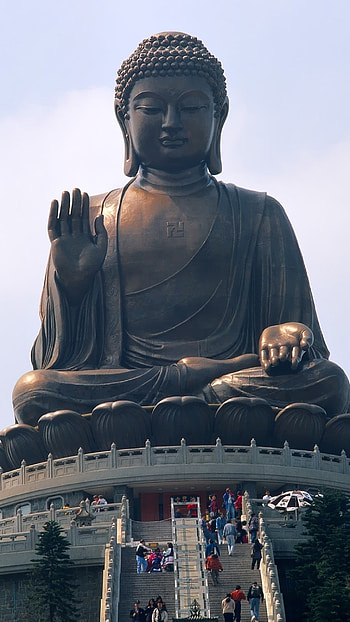 hong kong, buddha, people, landmark, statue, power HD phone wallpaper