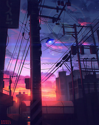 Sky, Art, Twilight, Dusk, Posts, Pillars, Wires, Wire HD phone wallpaper