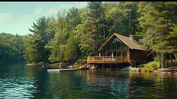 Serene Lake Cabin, lake, cabin, forest, nature HD wallpaper