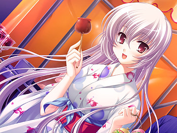 Ginko, white, kimono, candy apple, ribbon, siver, red, hair, bow, long HD wallpaper