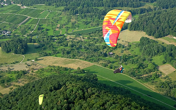 Paragliding over Fields, paragliding, aerial, fields, paraglider HD wallpaper