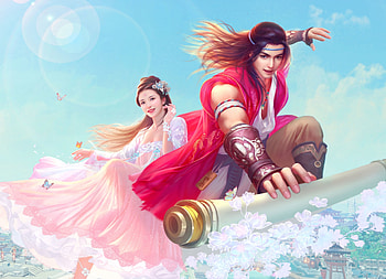 :), blue, flying carpet, frumusete, man, girl, pink, fantasy, couple, luminos, S T HD wallpaper